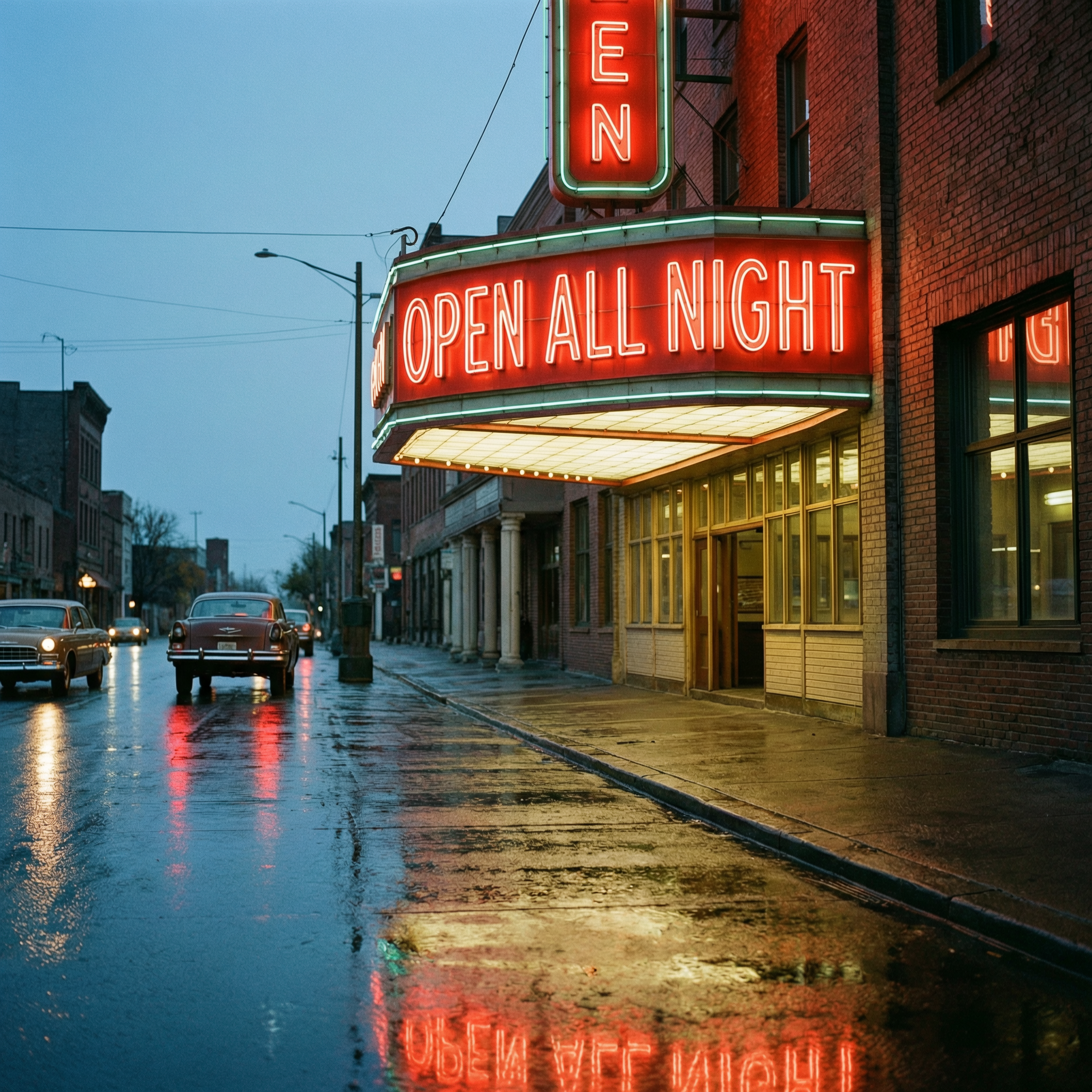 WAN 2.7 Pro: A vintage cinema marquee at dusk with the words OPEN ALL NIGHT in bold red letters, neon glow, wet street reflections