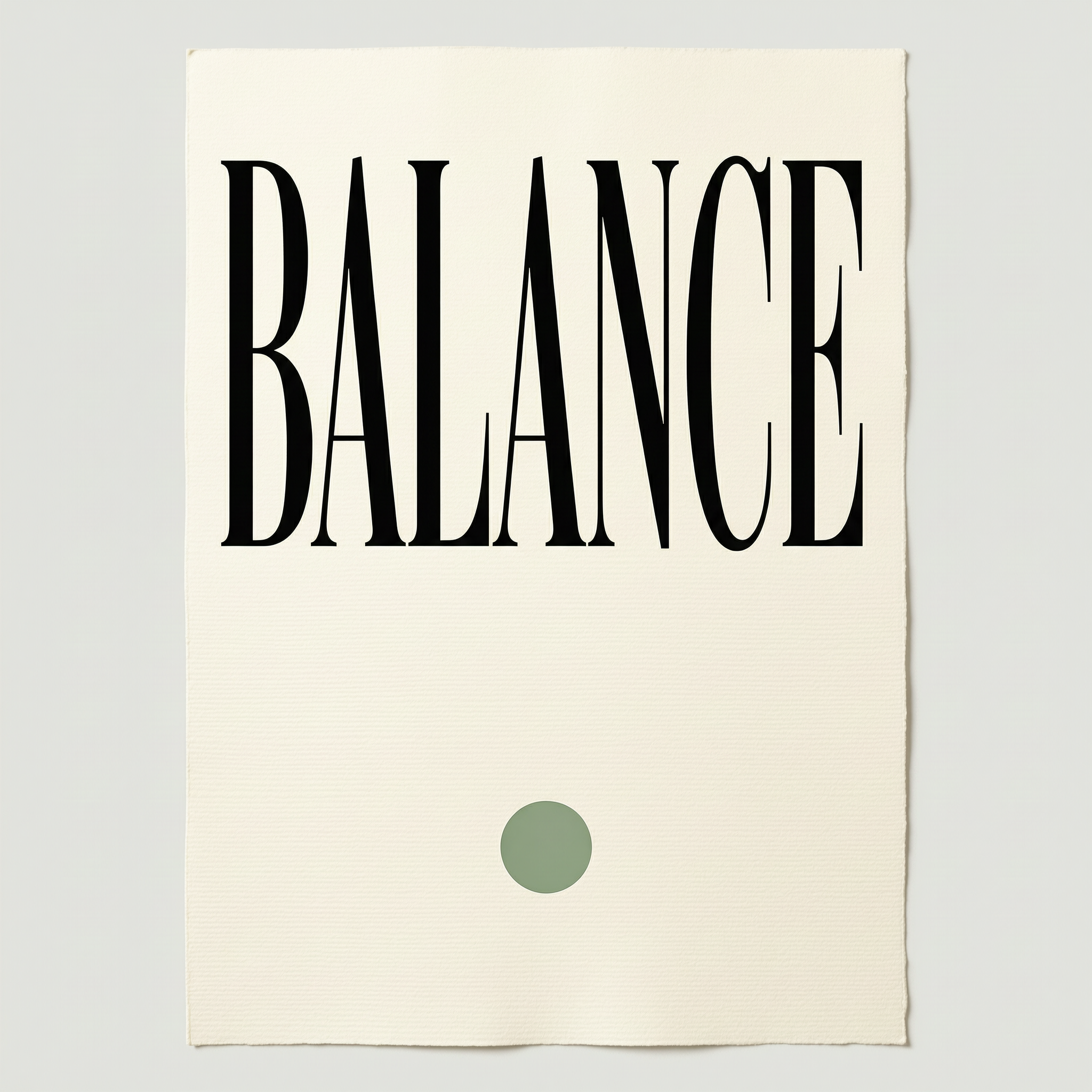 WAN 2.7 Pro: A minimalist poster with the single word BALANCE in large serif type centred on cream paper, one small green circle below the word