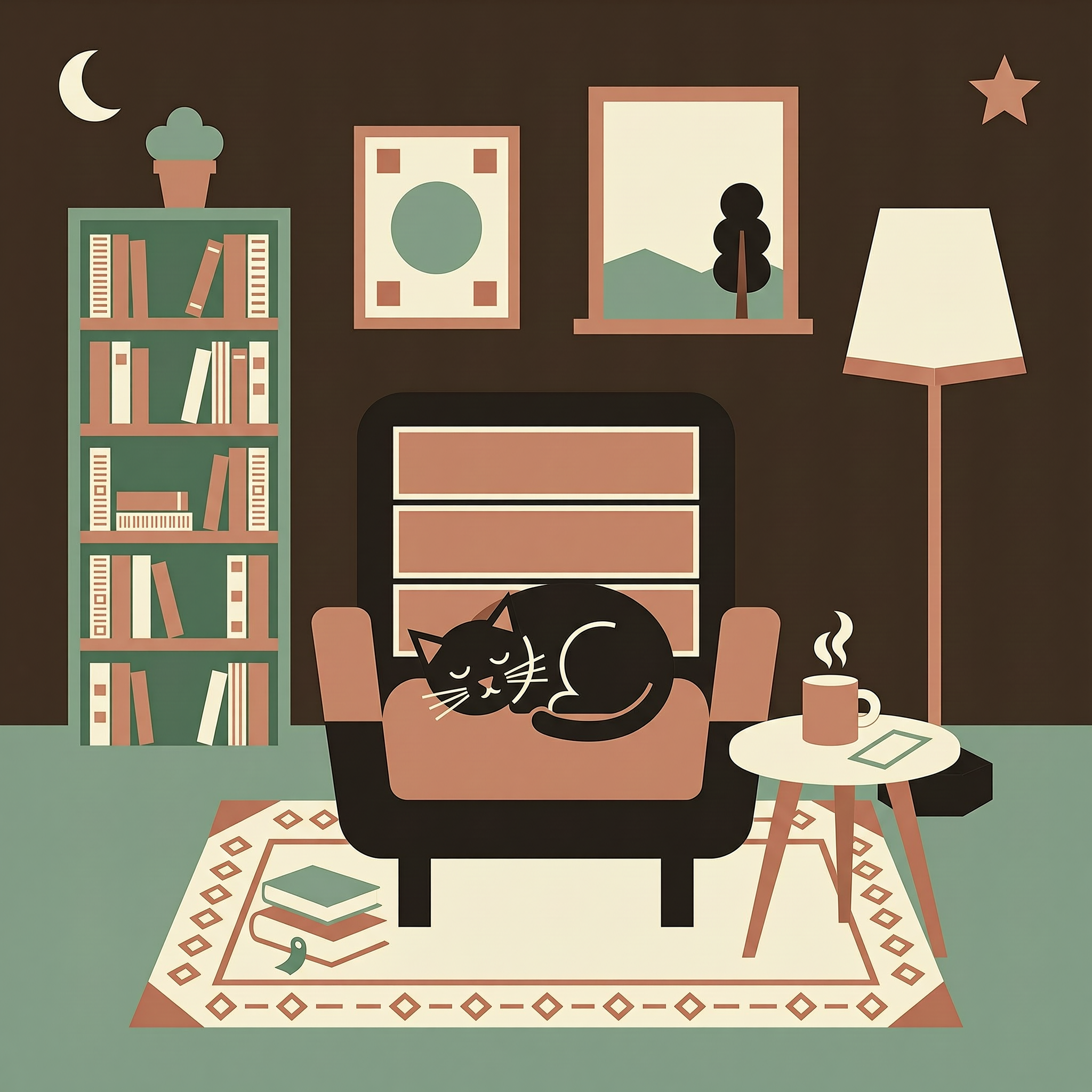 WAN 2.7 Pro: Flat vector illustration of a cosy reading nook with a cat asleep on an armchair, limited palette of four colours, clean geometric shapes