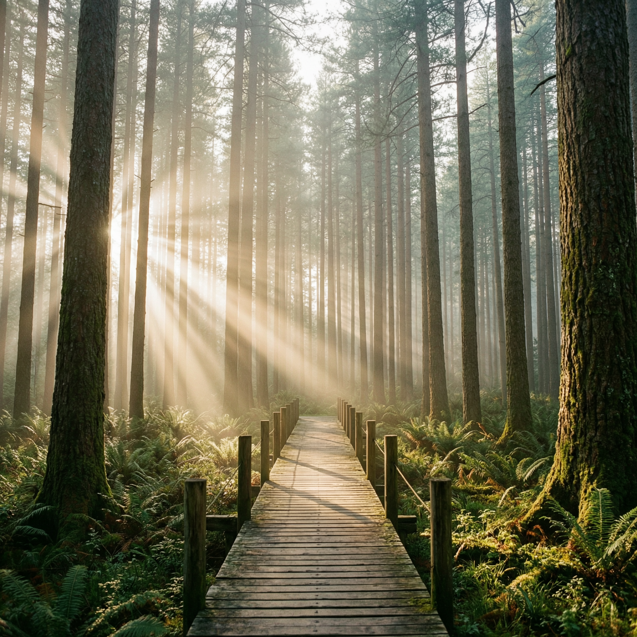WAN 2.7 Pro: Misty pine forest at dawn with rays of light through the trees and a narrow wooden boardwalk, wide angle