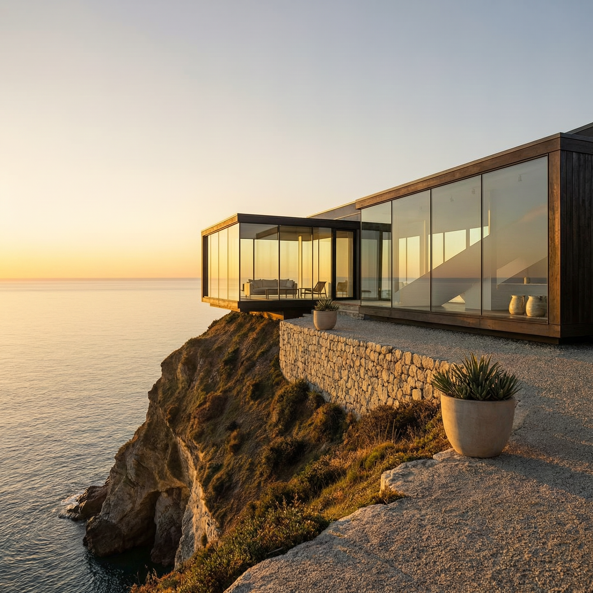 WAN 2.7 Pro: A modern glass house on a cliff at golden hour, long shadows, calm ocean below, architectural photography