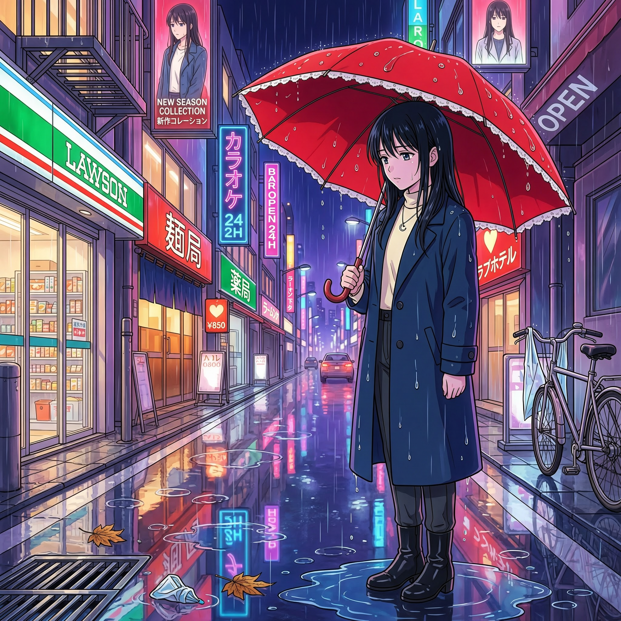 WAN 2.7 Pro: Anime-style illustration of a young woman with a red umbrella standing on a rainy city street at night, cel shading, vibrant neon reflections