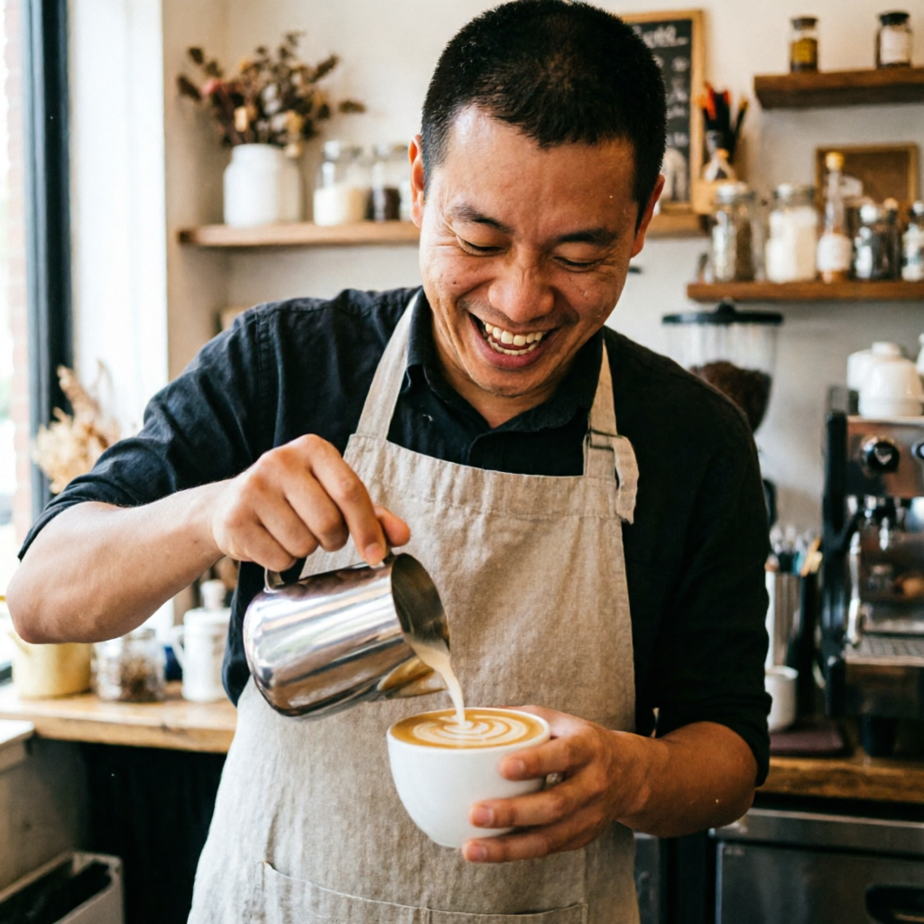 Qwen Image 2.0: A barista in a linen apron laughing while pouring latte art, warm cafe interior, shallow depth of field, candid editorial style