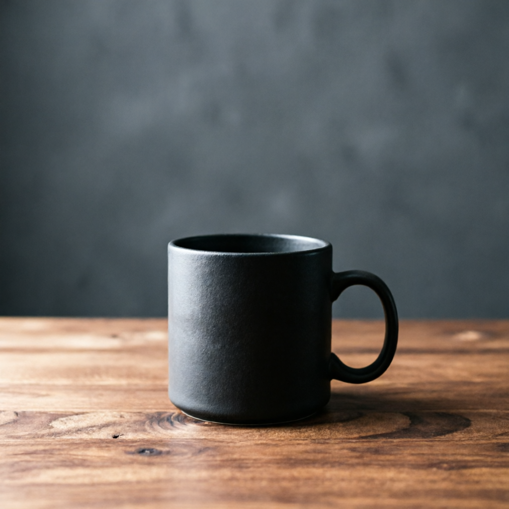 Qwen Image 2.0: A matte black ceramic coffee mug on a walnut table, single soft light from the left, minimal studio backdrop, product photography