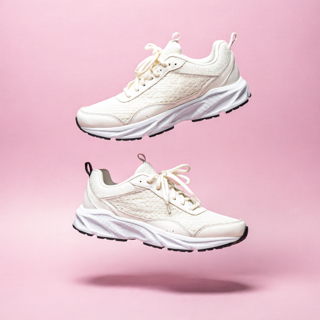 Qwen Image 2.0: A pair of white running shoes floating mid-air over a pastel pink background, even studio lighting, catalogue shot