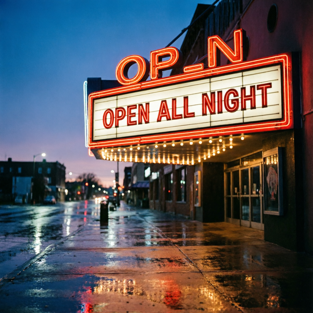 Qwen Image 2.0: A vintage cinema marquee at dusk with the words OPEN ALL NIGHT in bold red letters, neon glow, wet street reflections