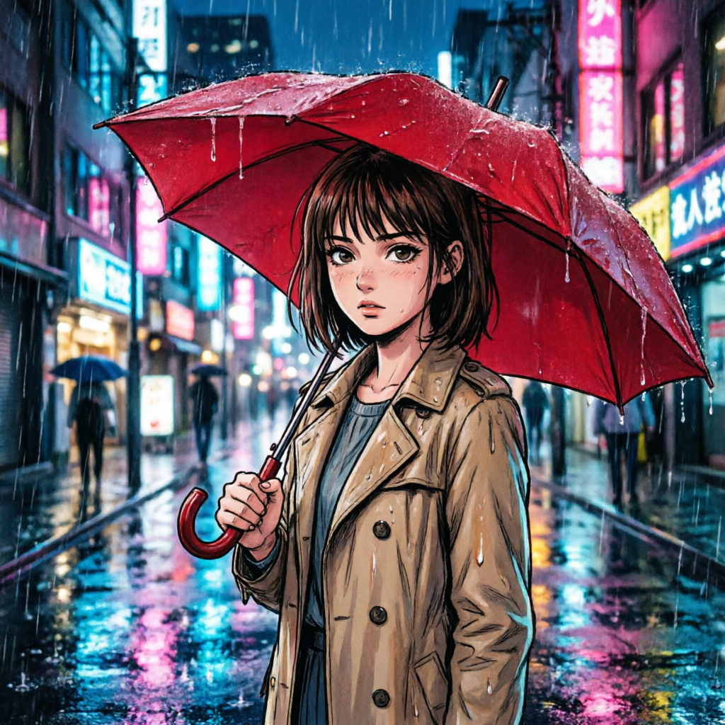 Qwen Image 2.0: Anime-style illustration of a young woman with a red umbrella standing on a rainy city street at night, cel shading, vibrant neon reflections