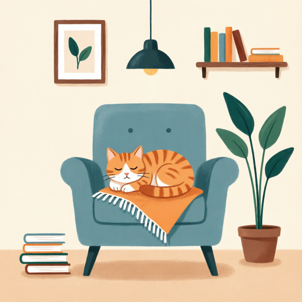 Qwen Image 2.0: Flat vector illustration of a cosy reading nook with a cat asleep on an armchair, limited palette of four colours, clean geometric shapes