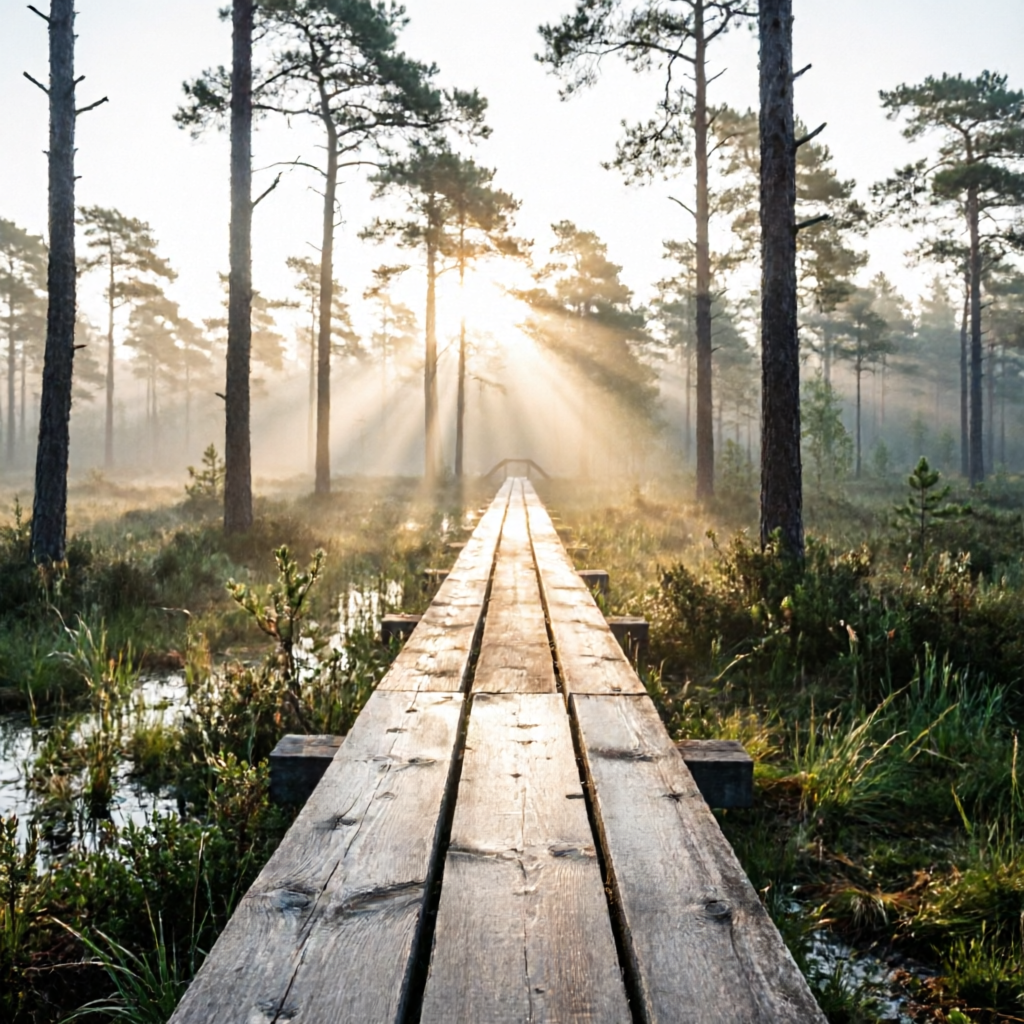 Qwen Image 2.0: Misty pine forest at dawn with rays of light through the trees and a narrow wooden boardwalk, wide angle