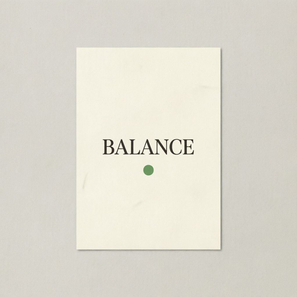 Qwen Image 2.0: A minimalist poster with the single word BALANCE in large serif type centred on cream paper, one small green circle below the word
