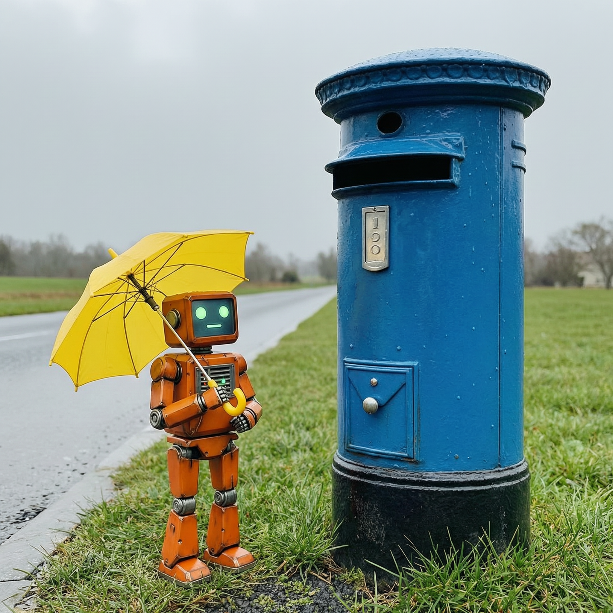 WAN 2.7 Pro: A small orange robot holding a yellow umbrella standing to the left of a tall blue mailbox, overcast day, photoreal