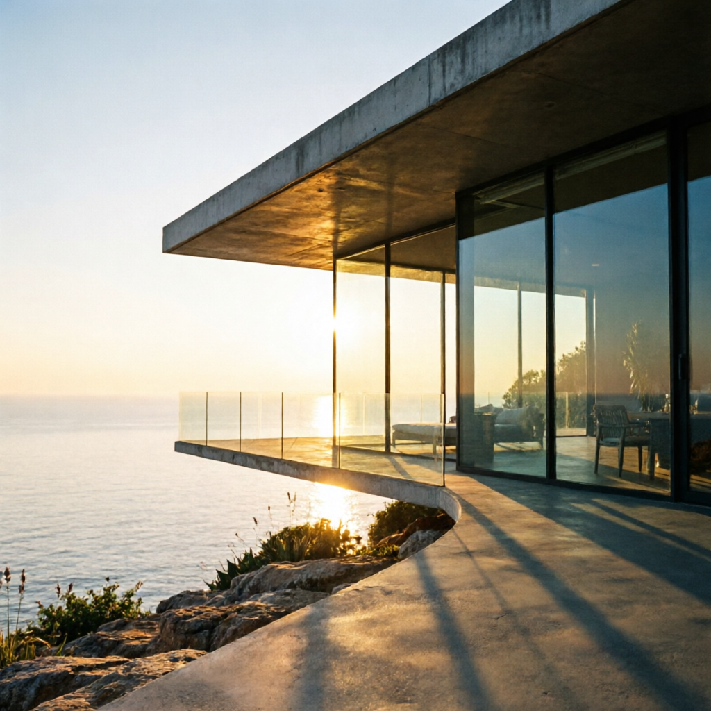 Qwen Image 2.0: A modern glass house on a cliff at golden hour, long shadows, calm ocean below, architectural photography