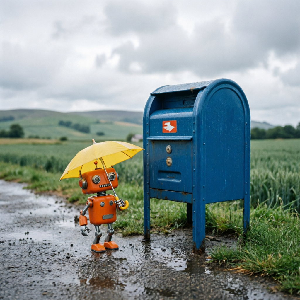 Qwen Image 2.0: A small orange robot holding a yellow umbrella standing to the left of a tall blue mailbox, overcast day, photoreal