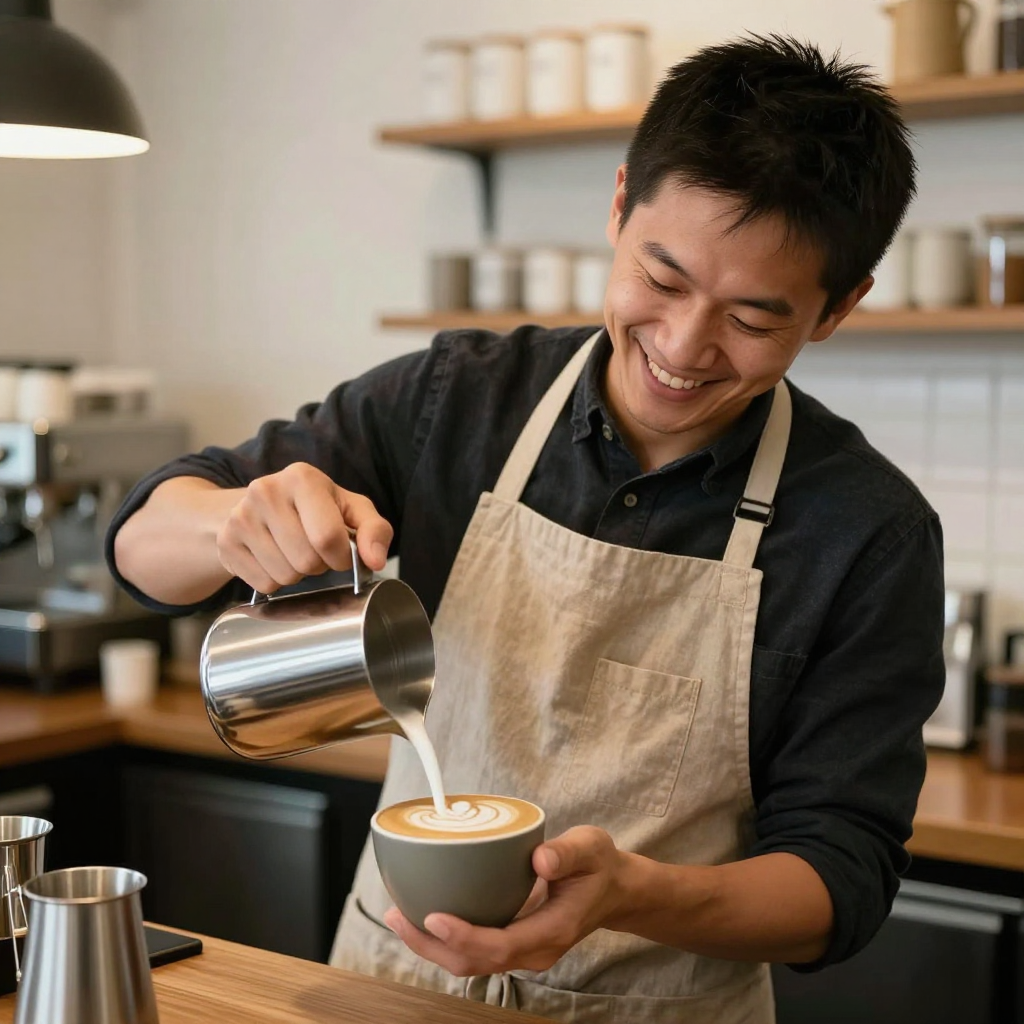 Z-Image Turbo: A barista in a linen apron laughing while pouring latte art, warm cafe interior, shallow depth of field, candid editorial style