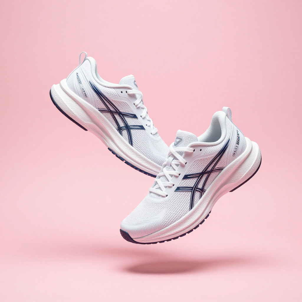 Z-Image Turbo: A pair of white running shoes floating mid-air over a pastel pink background, even studio lighting, catalogue shot