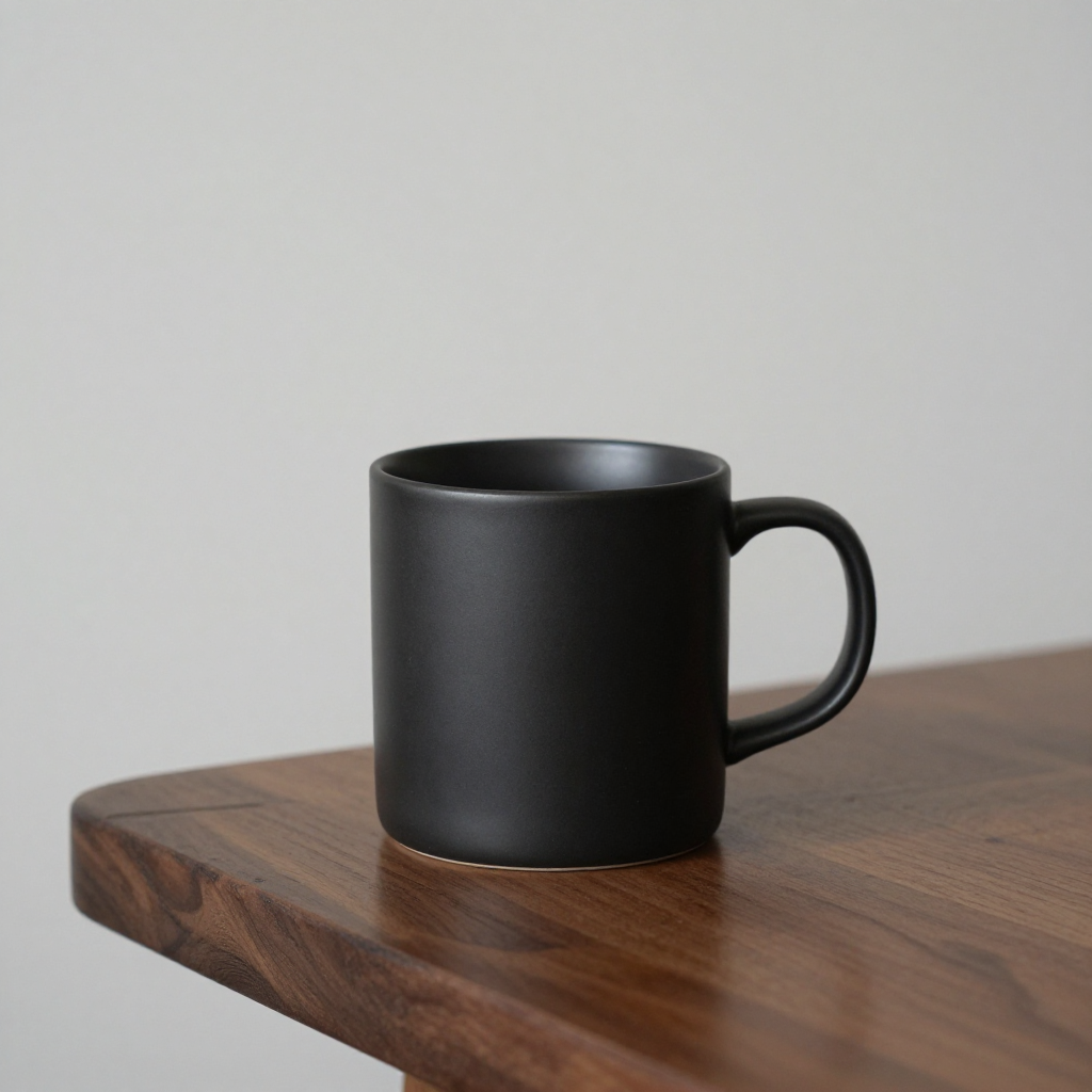 Z-Image Turbo: A matte black ceramic coffee mug on a walnut table, single soft light from the left, minimal studio backdrop, product photography