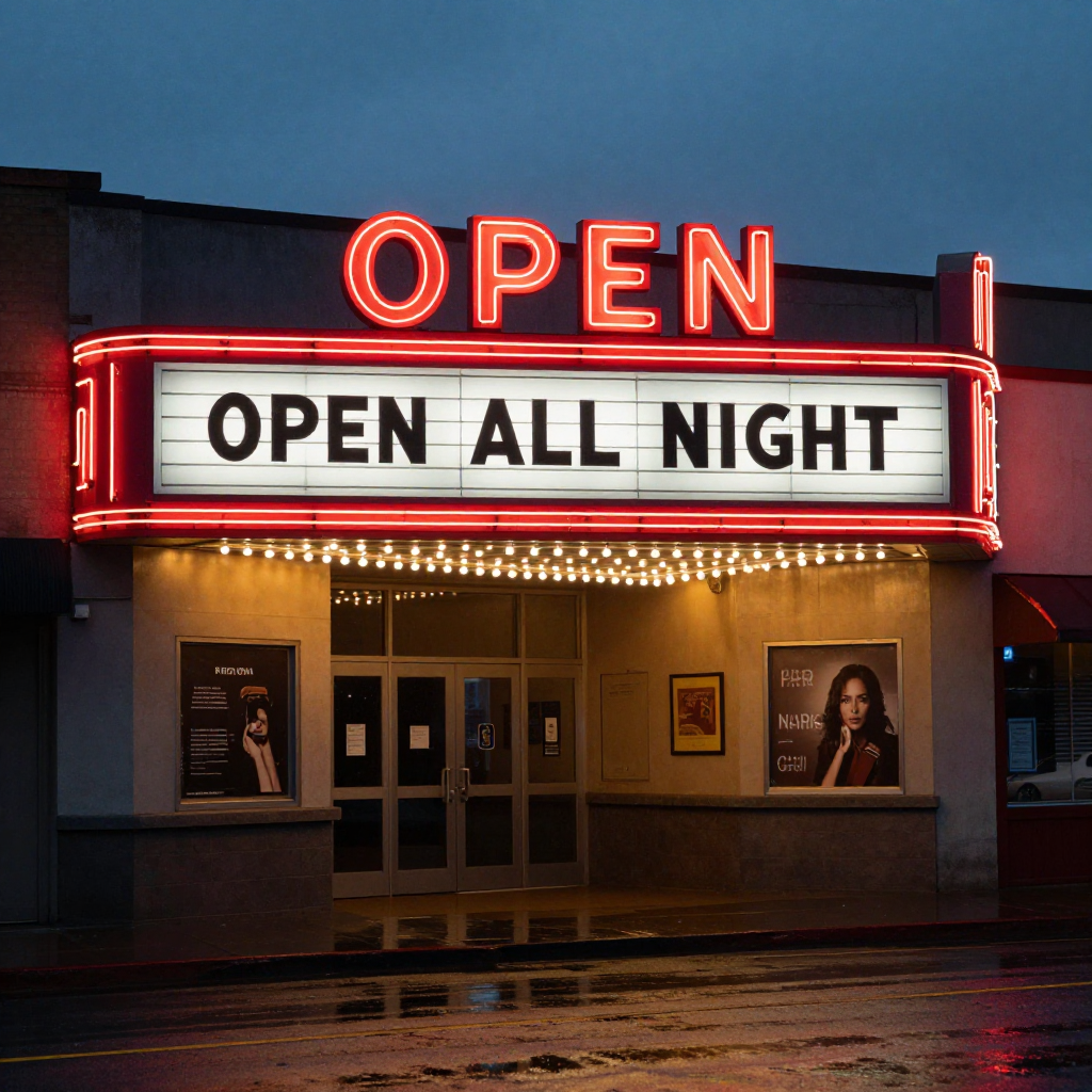 Z-Image Turbo: A vintage cinema marquee at dusk with the words OPEN ALL NIGHT in bold red letters, neon glow, wet street reflections