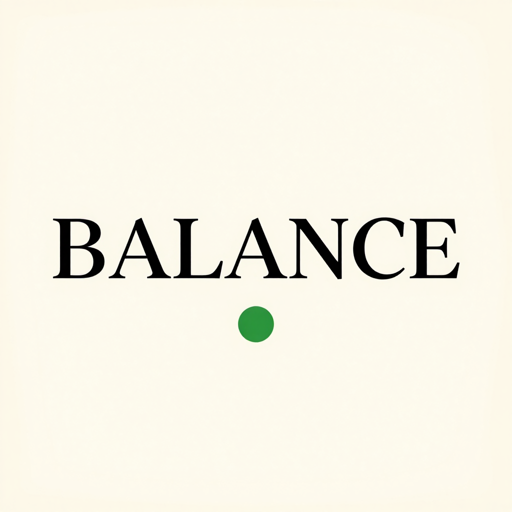 Z-Image Turbo: A minimalist poster with the single word BALANCE in large serif type centred on cream paper, one small green circle below the word