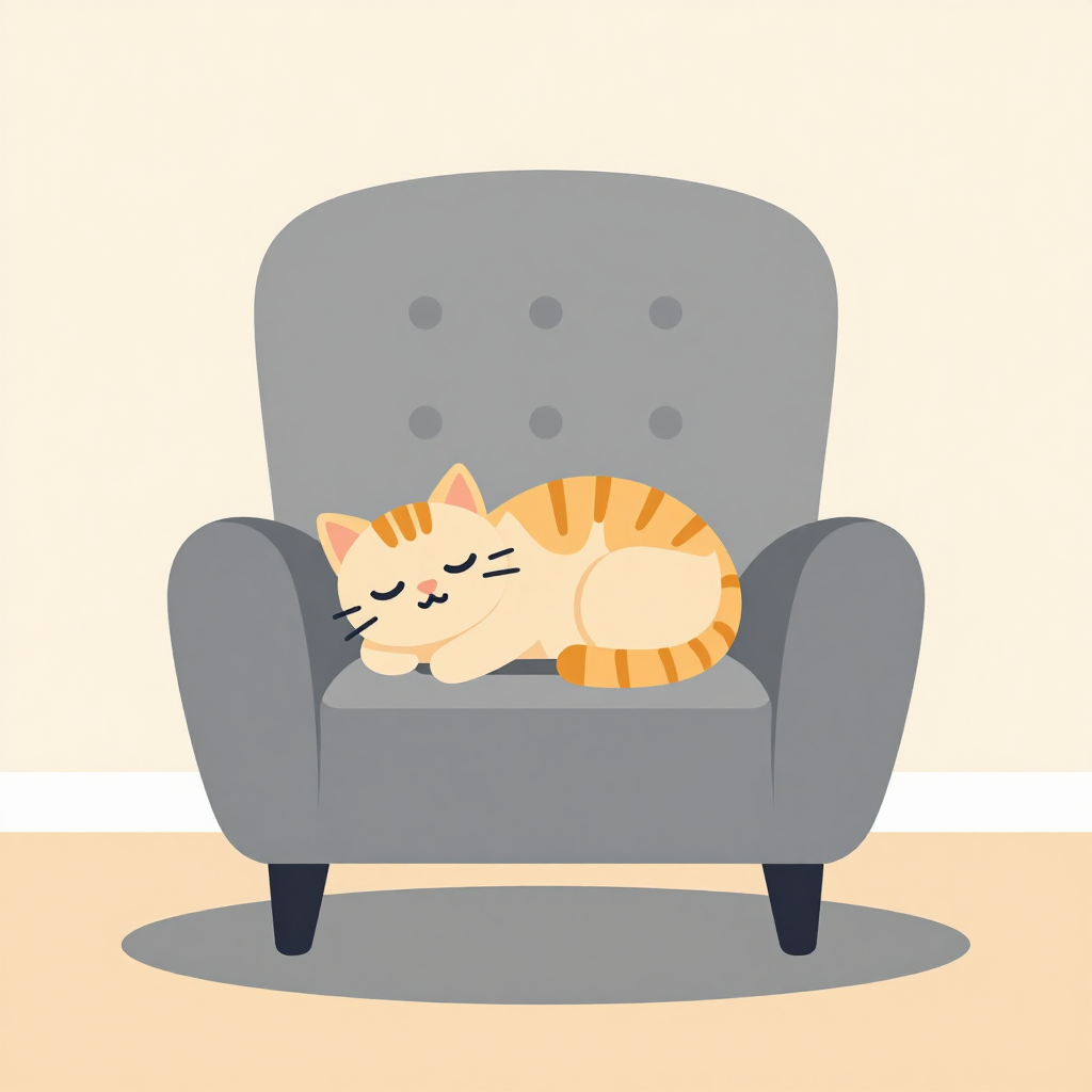 Z-Image Turbo: Flat vector illustration of a cosy reading nook with a cat asleep on an armchair, limited palette of four colours, clean geometric shapes