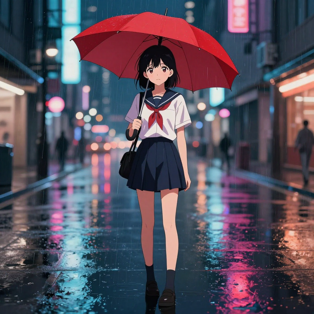 Z-Image Turbo: Anime-style illustration of a young woman with a red umbrella standing on a rainy city street at night, cel shading, vibrant neon reflections