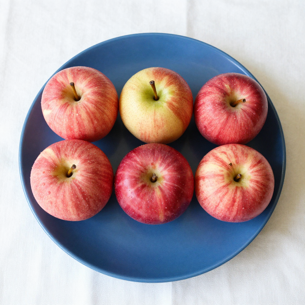 Z-Image Turbo: Three red apples and one green pear arranged in a single row on a blue plate, top-down view, white tablecloth