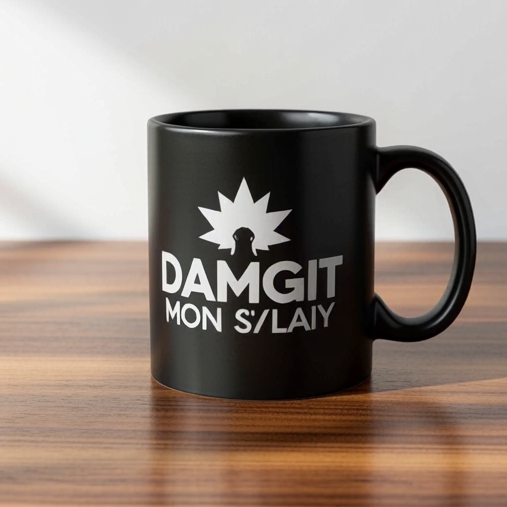 MiniMax H3: A matte black ceramic coffee mug on a walnut table, single soft light from the left, minimal studio backdrop, product photography