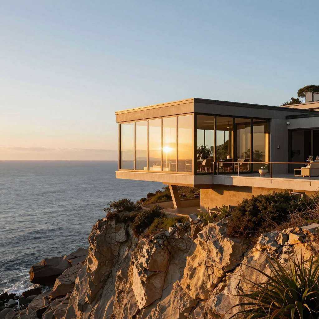 Z-Image Turbo: A modern glass house on a cliff at golden hour, long shadows, calm ocean below, architectural photography