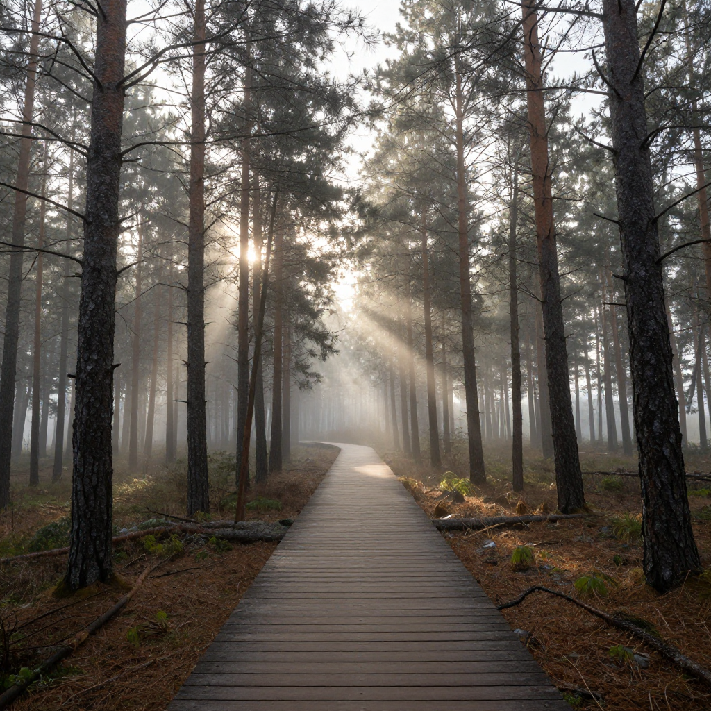 Z-Image Turbo: Misty pine forest at dawn with rays of light through the trees and a narrow wooden boardwalk, wide angle