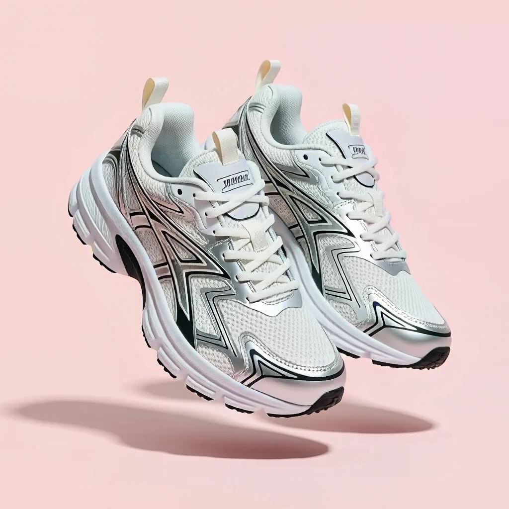MiniMax H3: A pair of white running shoes floating mid-air over a pastel pink background, even studio lighting, catalogue shot