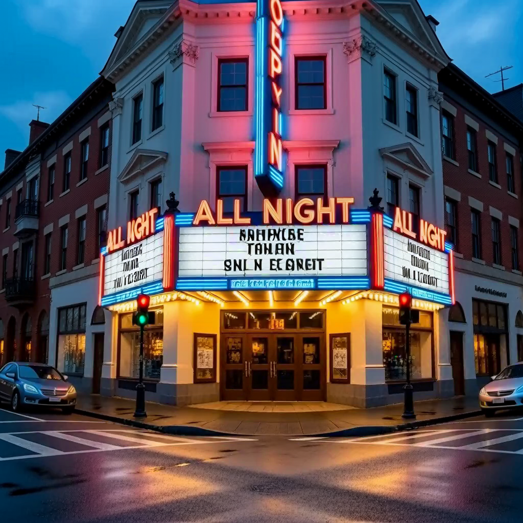 MiniMax H3: A vintage cinema marquee at dusk with the words OPEN ALL NIGHT in bold red letters, neon glow, wet street reflections
