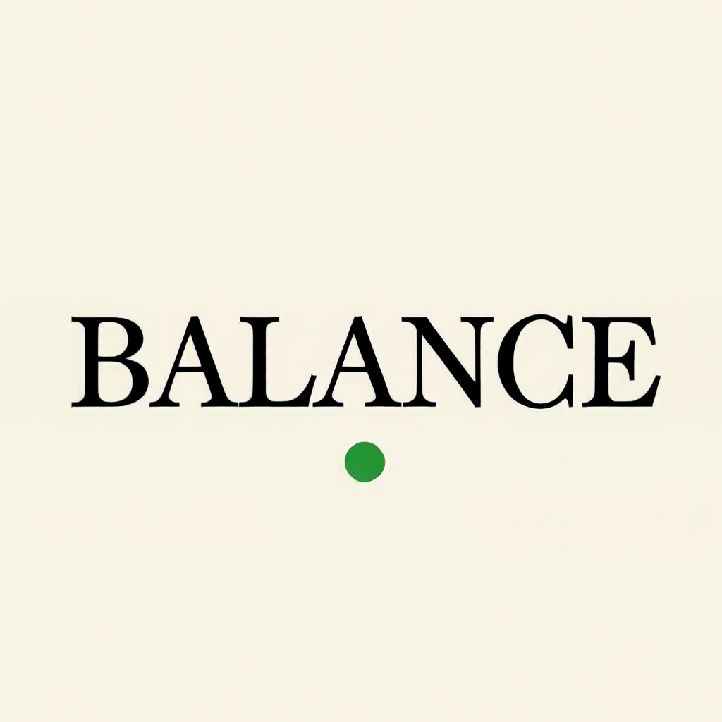 MiniMax H3: A minimalist poster with the single word BALANCE in large serif type centred on cream paper, one small green circle below the word