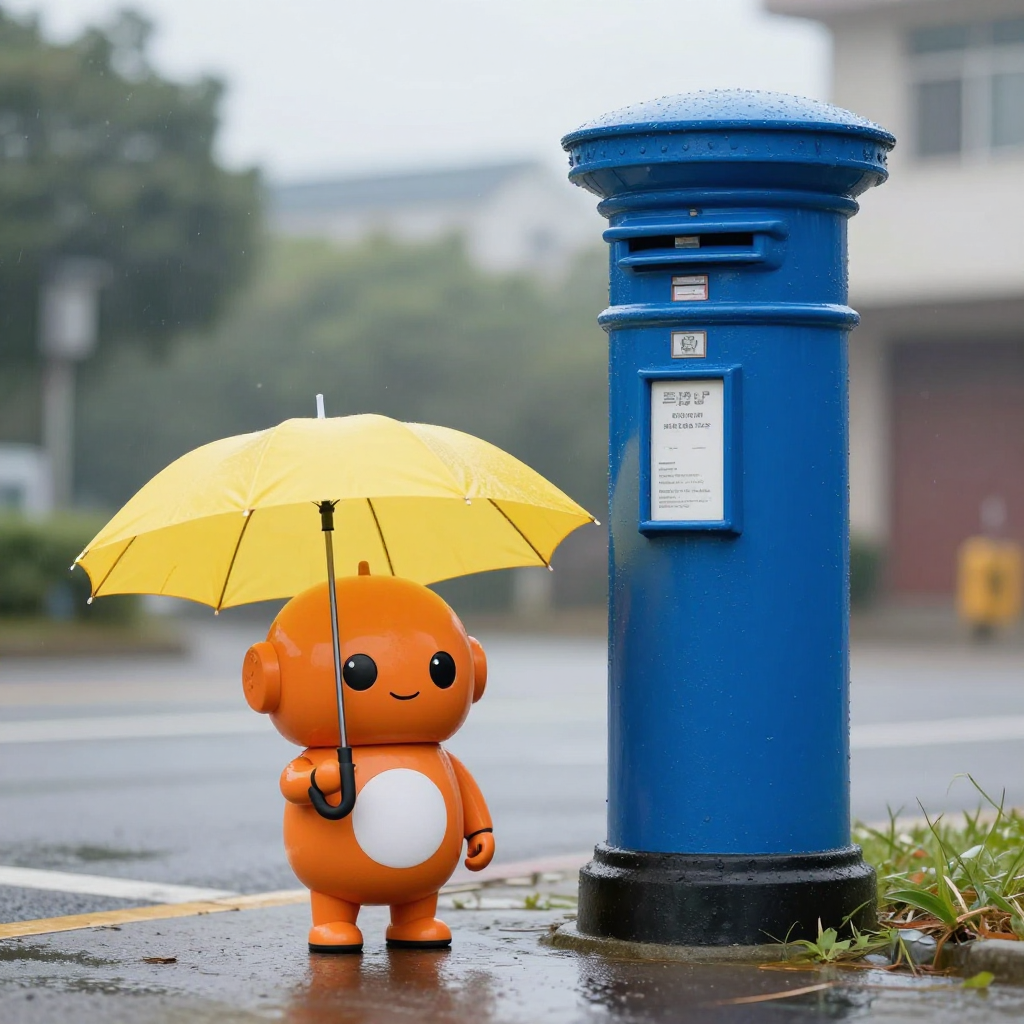 Z-Image Turbo: A small orange robot holding a yellow umbrella standing to the left of a tall blue mailbox, overcast day, photoreal