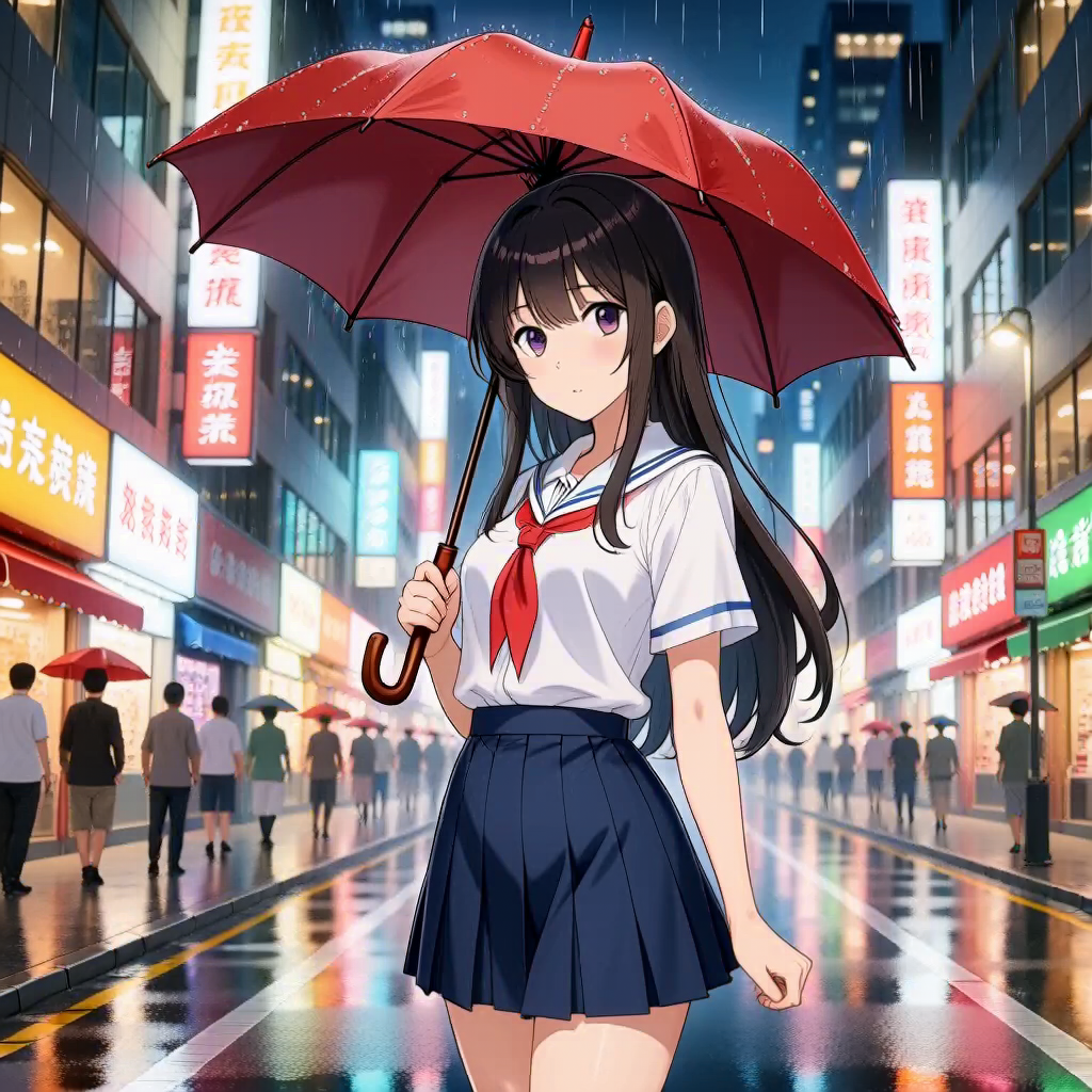 MiniMax H3: Anime-style illustration of a young woman with a red umbrella standing on a rainy city street at night, cel shading, vibrant neon reflections