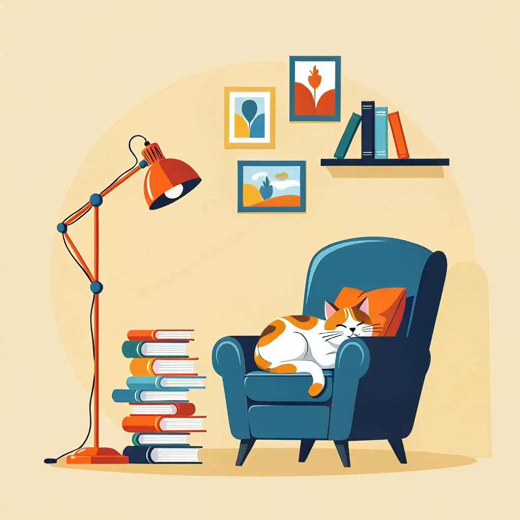 MiniMax H3: Flat vector illustration of a cosy reading nook with a cat asleep on an armchair, limited palette of four colours, clean geometric shapes