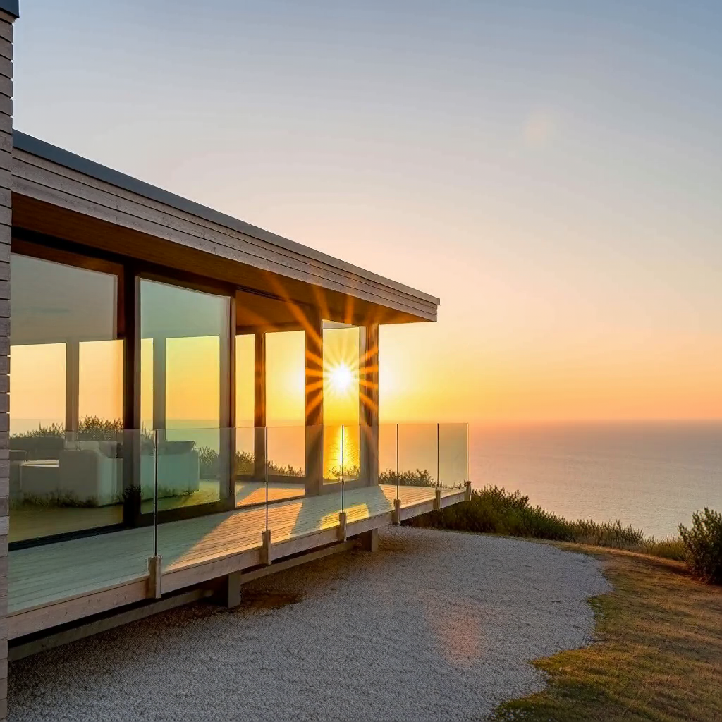 MiniMax H3: A modern glass house on a cliff at golden hour, long shadows, calm ocean below, architectural photography