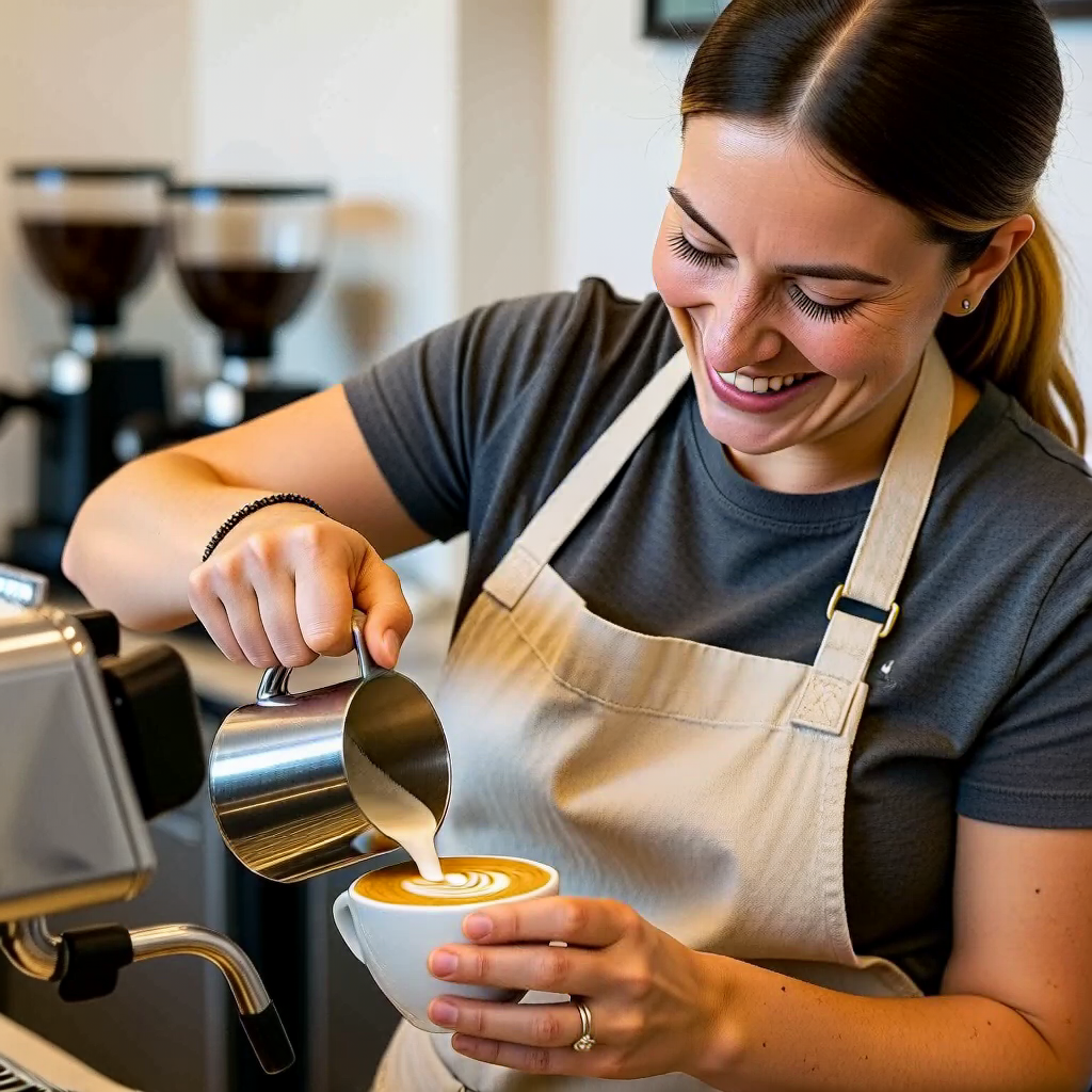MiniMax H3: A barista in a linen apron laughing while pouring latte art, warm cafe interior, shallow depth of field, candid editorial style