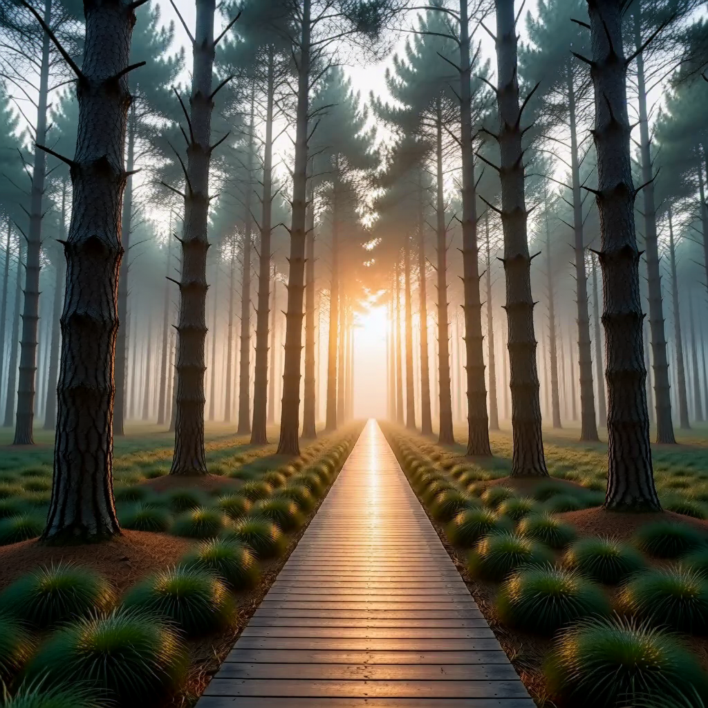 MiniMax H3: Misty pine forest at dawn with rays of light through the trees and a narrow wooden boardwalk, wide angle