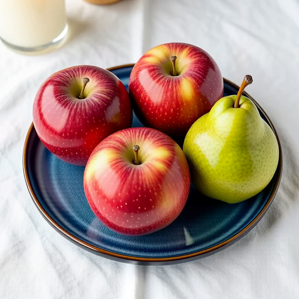 MiniMax H3: Three red apples and one green pear arranged in a single row on a blue plate, top-down view, white tablecloth