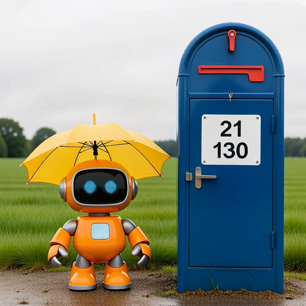 MiniMax H3: A small orange robot holding a yellow umbrella standing to the left of a tall blue mailbox, overcast day, photoreal