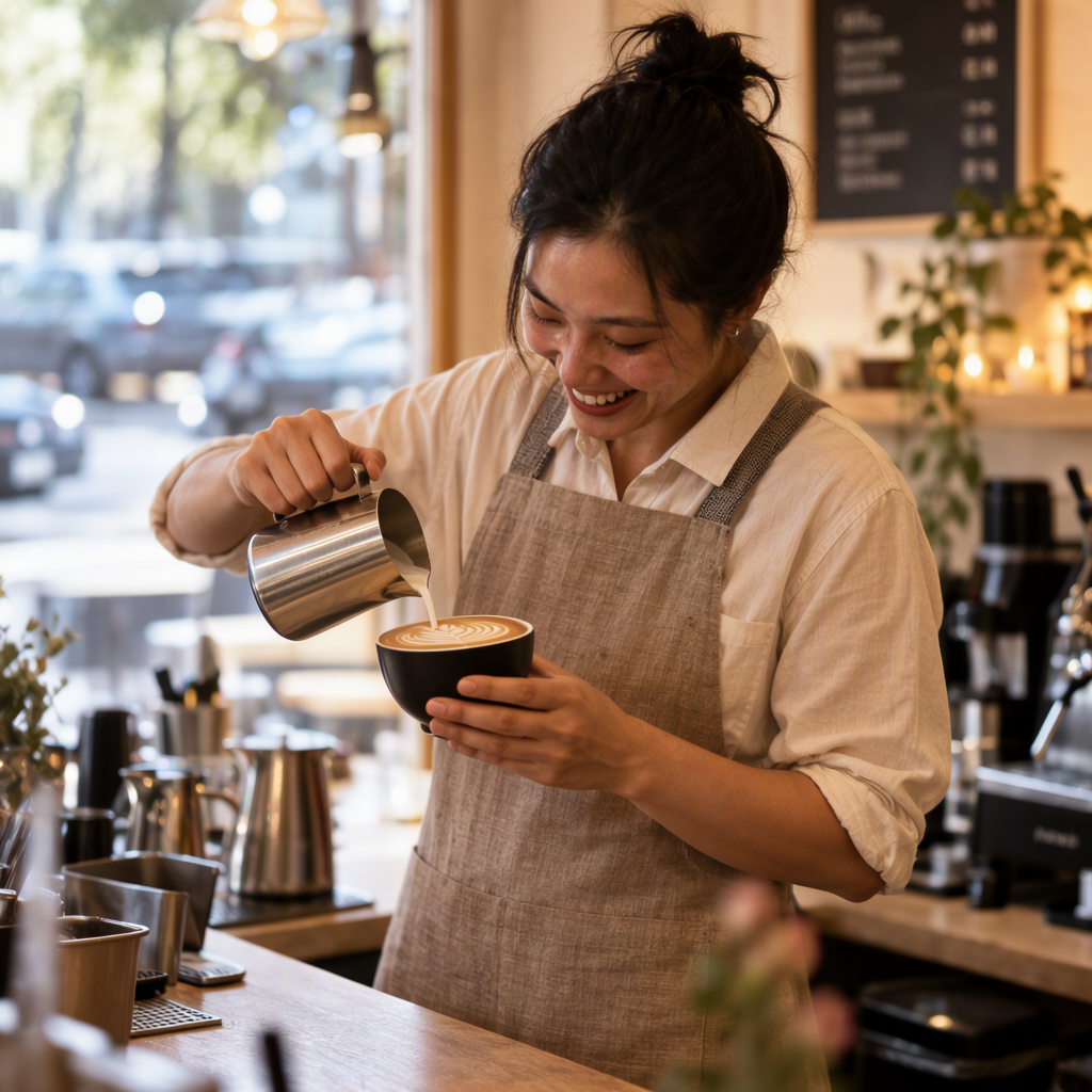 MOSS Image: A barista in a linen apron laughing while pouring latte art, warm cafe interior, shallow depth of field, candid editorial style