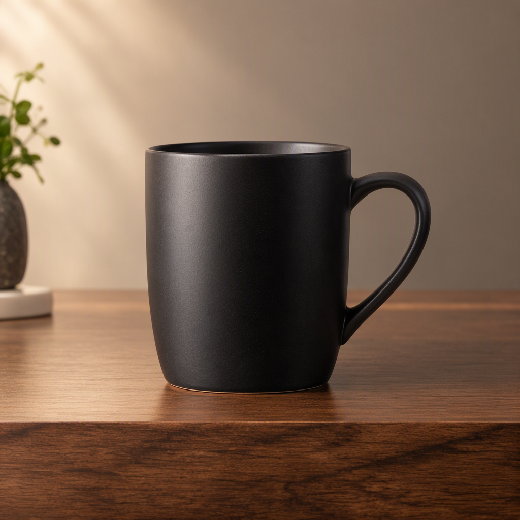 MOSS Image: A matte black ceramic coffee mug on a walnut table, single soft light from the left, minimal studio backdrop, product photography