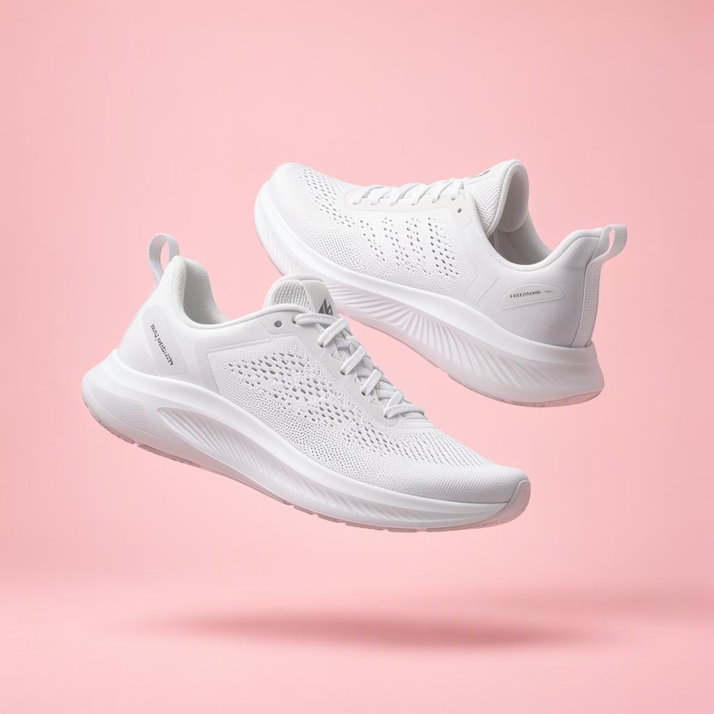 MOSS Image: A pair of white running shoes floating mid-air over a pastel pink background, even studio lighting, catalogue shot