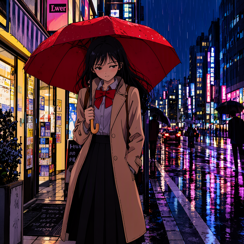 MOSS Image: Anime-style illustration of a young woman with a red umbrella standing on a rainy city street at night, cel shading, vibrant neon reflections