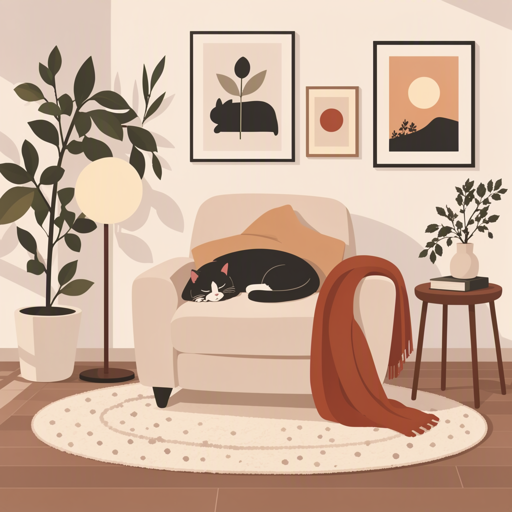 MOSS Image: Flat vector illustration of a cosy reading nook with a cat asleep on an armchair, limited palette of four colours, clean geometric shapes