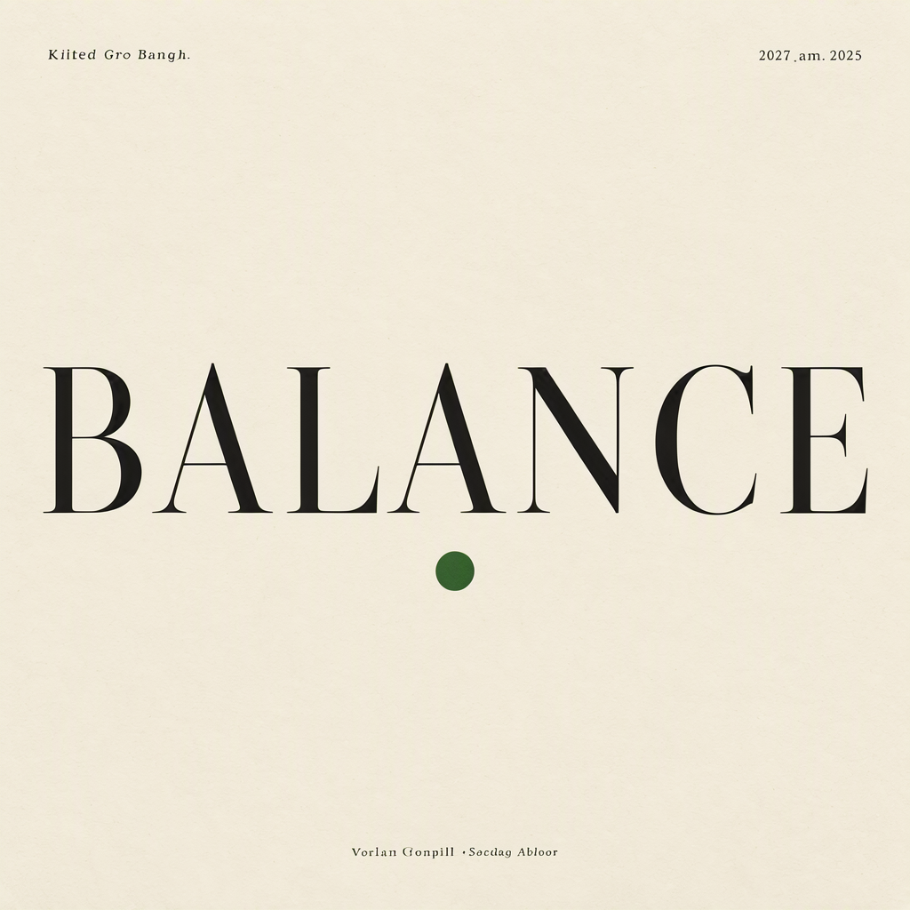 MOSS Image: A minimalist poster with the single word BALANCE in large serif type centred on cream paper, one small green circle below the word