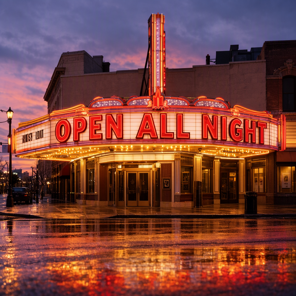 MOSS Image: A vintage cinema marquee at dusk with the words OPEN ALL NIGHT in bold red letters, neon glow, wet street reflections