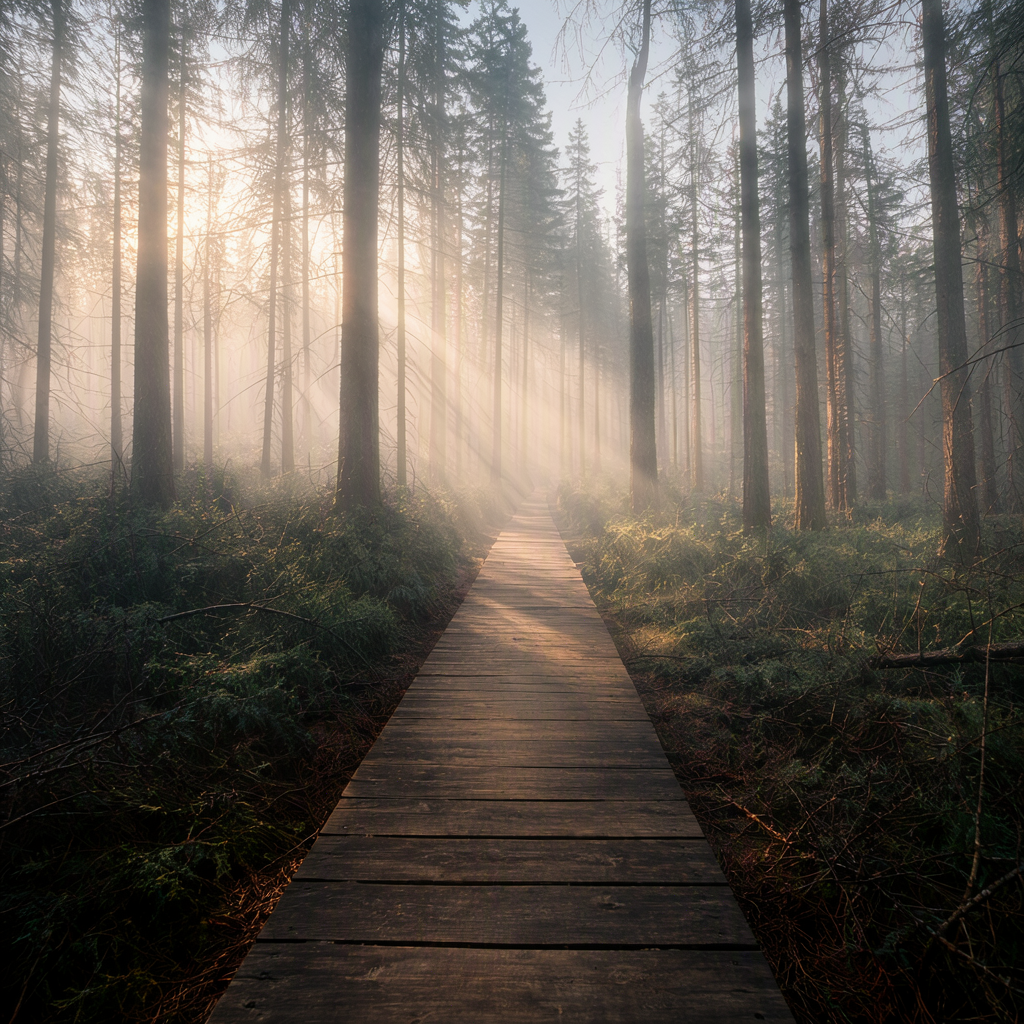 MOSS Image: Misty pine forest at dawn with rays of light through the trees and a narrow wooden boardwalk, wide angle