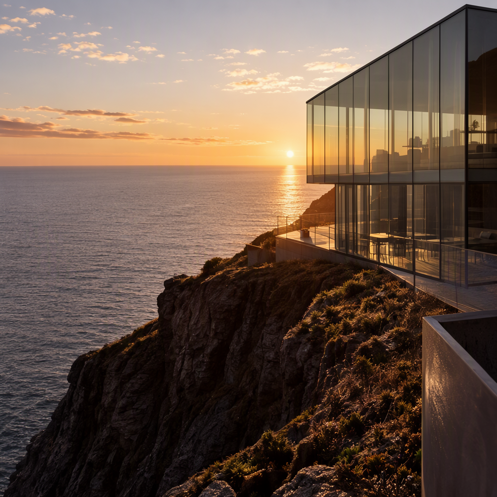 MOSS Image: A modern glass house on a cliff at golden hour, long shadows, calm ocean below, architectural photography