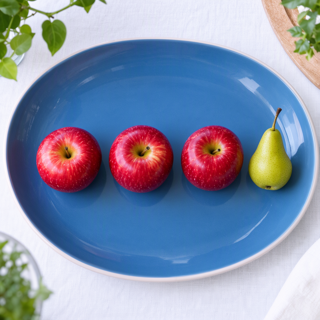MOSS Image: Three red apples and one green pear arranged in a single row on a blue plate, top-down view, white tablecloth
