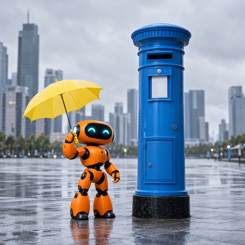MOSS Image: A small orange robot holding a yellow umbrella standing to the left of a tall blue mailbox, overcast day, photoreal